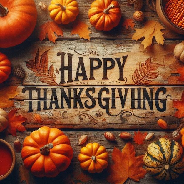 Happy Thanksgiving text with pumpkins and leaves over dark wood background