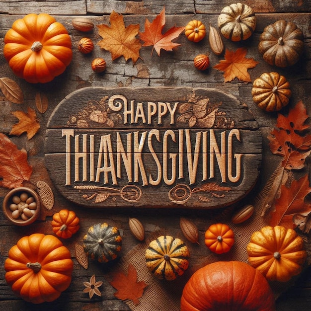 Happy Thanksgiving text with pumpkins and leaves over dark wood background