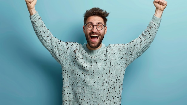 Happy and Thrilled Young Man in a Blue Shirt