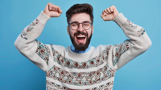 Happy and Thrilled Young Man in a Blue Shirt