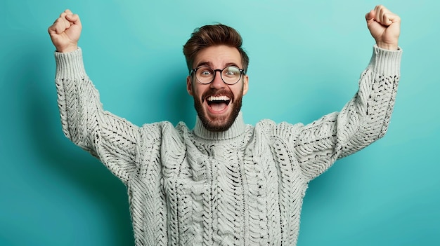 Happy and Thrilled Young Man in a Blue Shirt