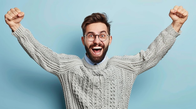 Photo happy and thrilled young man wearing a suit