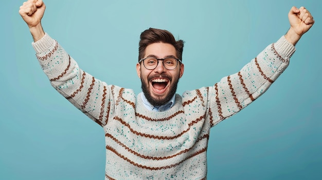 happy and thrilled young man wearing a suit