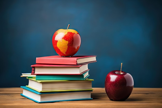 Happy time at elementary school with books and apple on desk