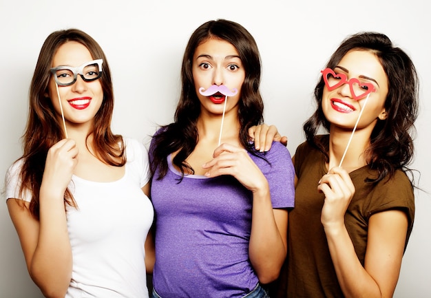 Happy time. Stylish sexy hipster girls best friends ready for party.