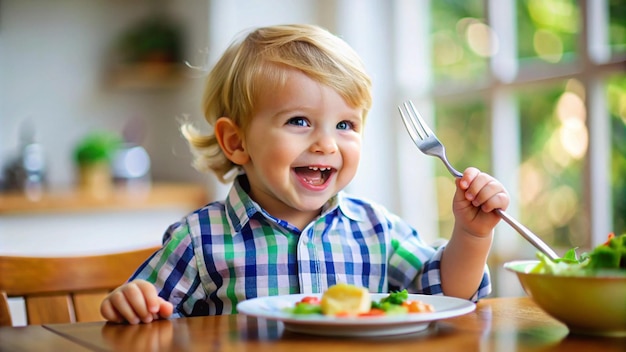 Happy Toddler Boy Eating Food with a Fork