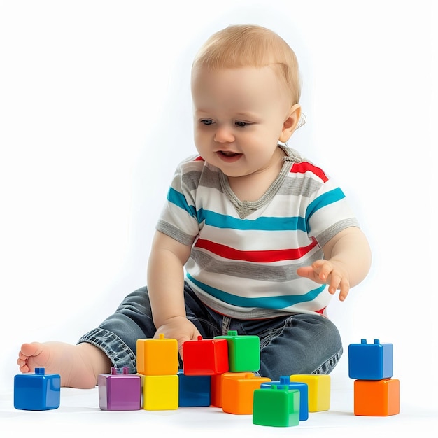 Happy toddler Boy Stacking Colorful Toy Blocks During educational Play on white background