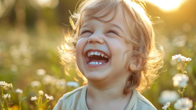 Photo a happy toddler laughs with his head tilted back in a field of wildflowers