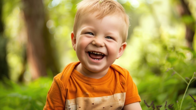 Happy toddler with a beaming smile enjoys the beauty of nature in a green forest