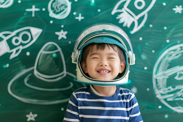 Happy toddler with helmet stands by chalkboard with space art drawings