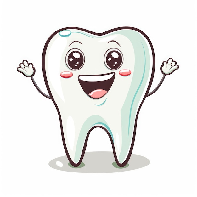 Photo happy tooth cartoon character with big smile and waving hands