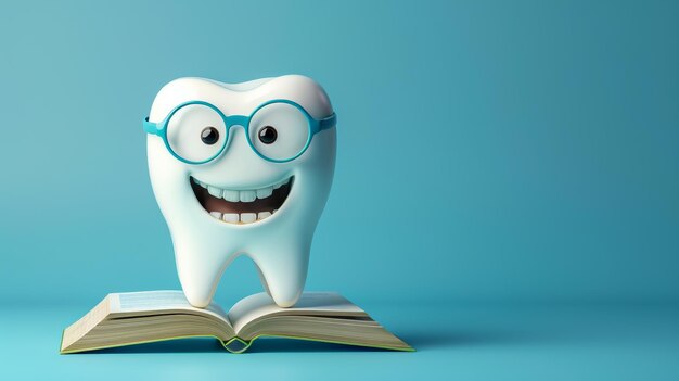 Photo happy tooth wearing glasses standing on an open book on blue background