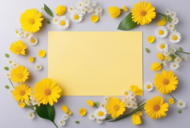 Happy top view yellow background and flowers arrangement on blank paper with light background laid f