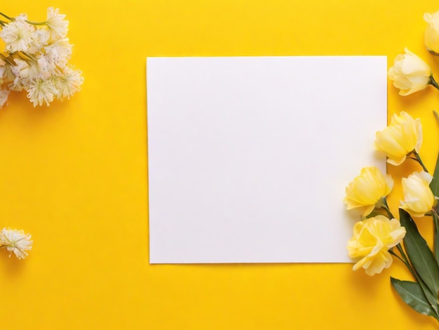 Happy top view yellow background and flowers arrangement on blank paper with light background laid f