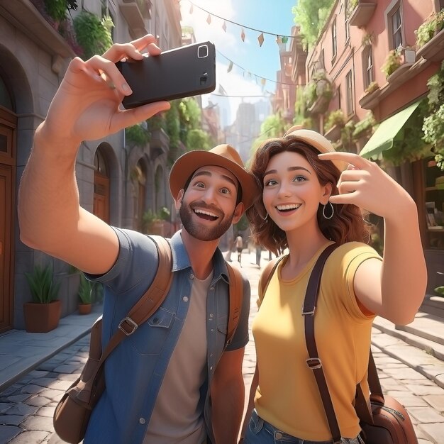 Photo happy tourist couple taking selfie while exploring city