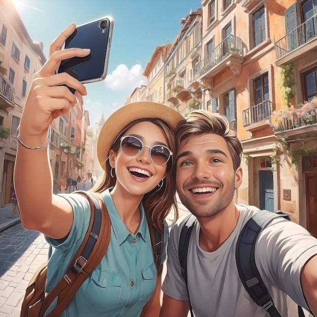 Photo happy tourist couple taking selfie while exploring city