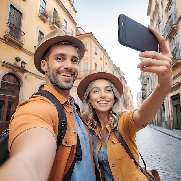 Photo happy tourist couple taking selfie while exploring city