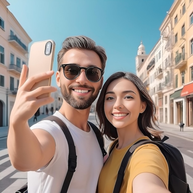 Photo happy tourist couple taking selfie while exploring city