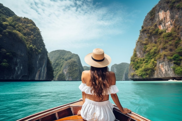 Happy tourist woman in white summer dress relaxing