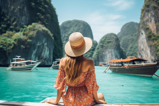 Happy tourist woman in white summer dress relaxing