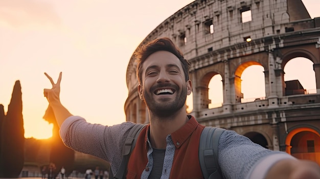 Photo happy tourist young man taking selfie in front of rome italy landmark travel and holidays concept generative ai