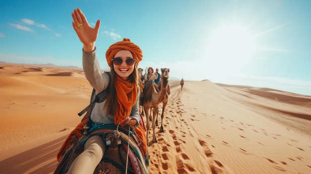 Photo happy tourists enjoying group camel riding in the desert travel lifestyle holiday activities and the concept of adventure