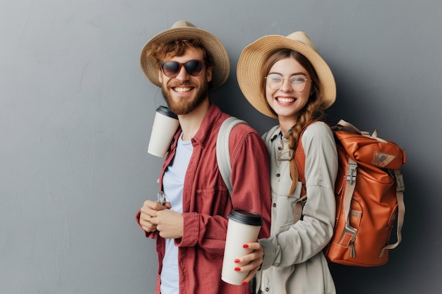 Photo happy tourists with travel bag and coffee cup isolated on grey