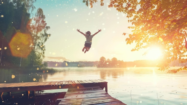 happy traveler jumping off a dock into a sunlit lake on a bright sunny day