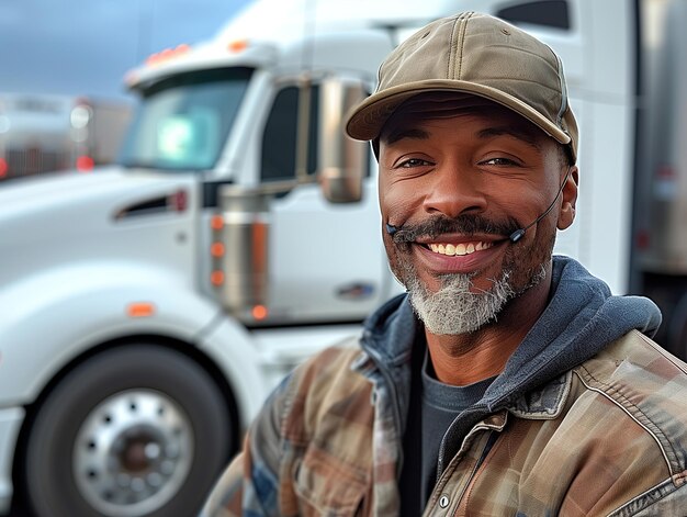 Photo happy truck driver poses confidently next to his big rig in the evening light