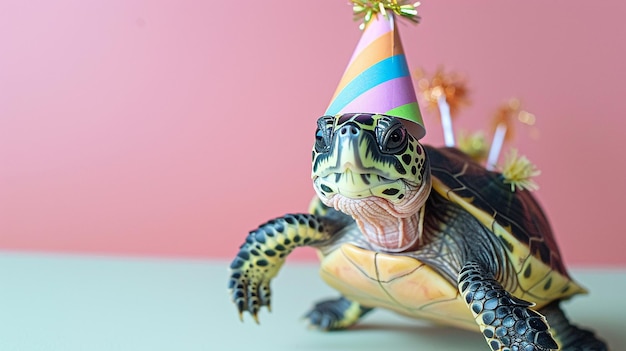 Happy Turtle Wearing a Party Hat