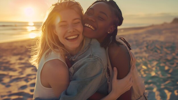 happy two young women having fun on the sunset beach queer nonbinary gender identity Generative AI