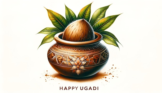 Photo happy ugadi card illustration with traditional pot and coconut with mango leaves