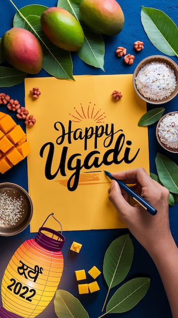 Photo happy ugadi greeting card with mango leaves and festive decor