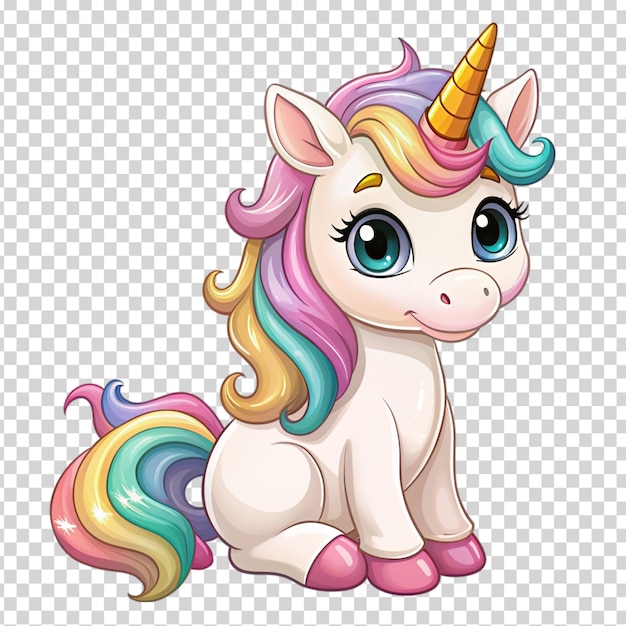 A happy unicorn with a rainbow mane and tail on transparent background