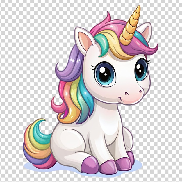 A happy unicorn with a rainbow mane and tail on transparent background