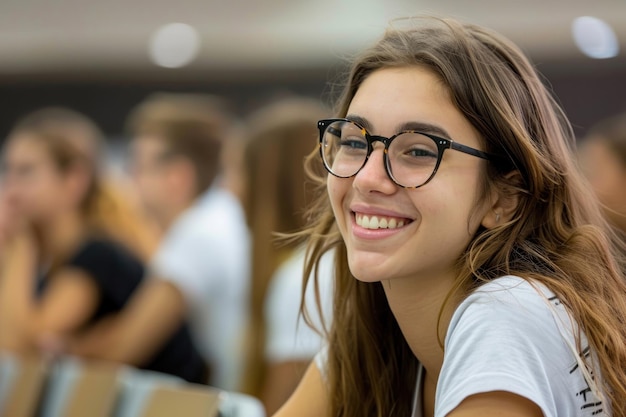 Happy university student learning in lecture hall