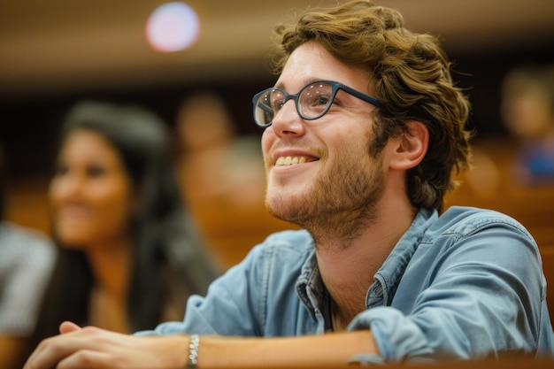 Happy university student learning in lecture hall