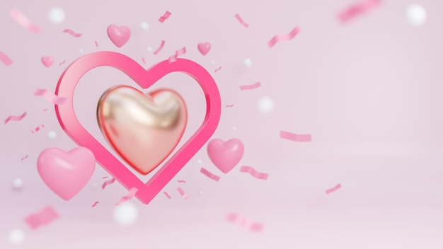 Happy valentine day banner with many hearts and golden heart on pink background.,3d model and illustration.