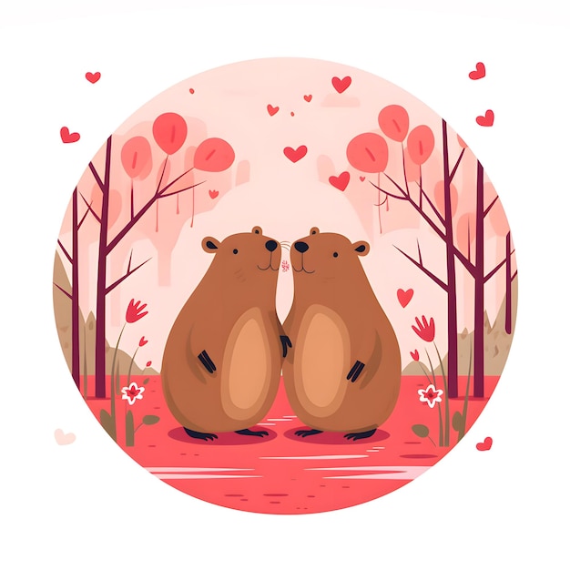 Happy Valentine Greeting card with capybara lovers in flat style