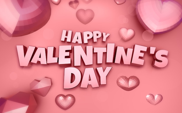 Happy Valentine's Day 3d illustration with heart diamond and 3d text