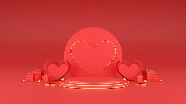 Happy valentine's day banner. heart, gift and box on pink background. space for text. 3D illustration