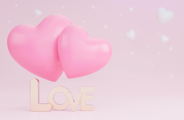 Happy valentine's day banner with 3d hearts, text love and romantic valentine decorations on pink background.,3d model and illustration.