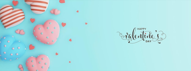 Happy Valentine's Day Calligraphy Text With Soft Color Heart Shapes On Turquoise Background Header Or Banner Design