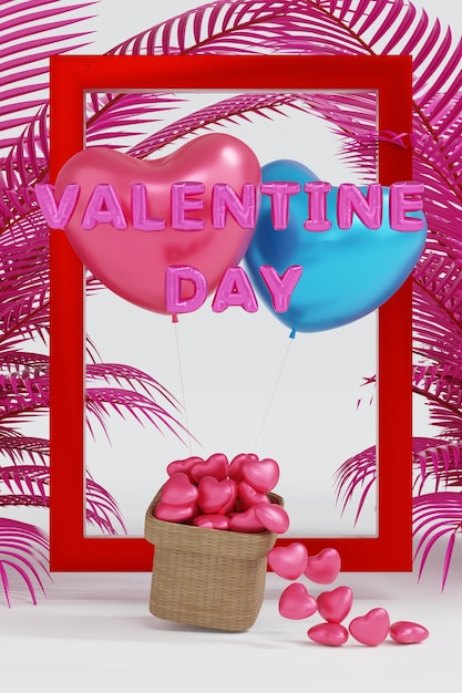 Happy valentine's day greeting card banner with pink frame heart shape gift box balloon 3D rendering