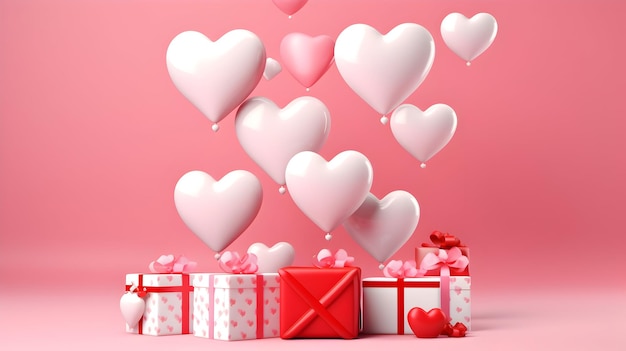 Happy valentine39s day banner with hearts gift box and romantic valentine decorations on pink