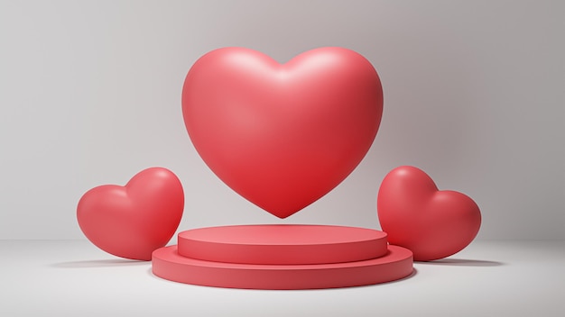 Happy Valentines Day background Realistic 3d stage podium with red heart shaped balloons