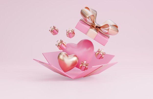 Happy valentines day banner with open gift box 3d hearts and romantic valentine decorations