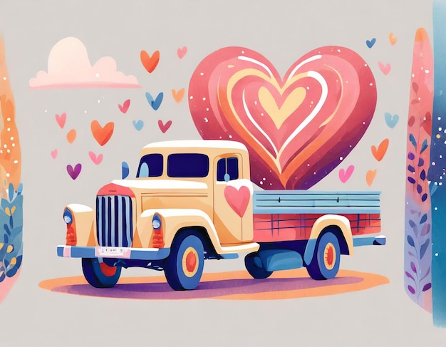 Happy Valentines Day beige pickup truck with pink big heart valentine Vintage pickup truck deliveri