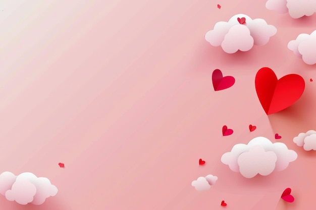 Photo happy valentines day blank background beautiful paper cut clouds with 3d red hearts on pink background generative ai