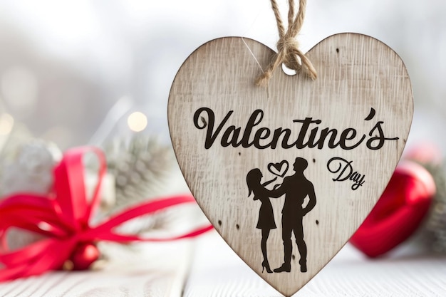 Photo happy valentines day card with handmade white wooden heart shape and elegant text on light blurred background romantic vintage design concept of holiday love and romance